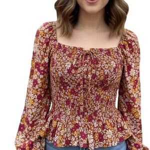 Patrons of Peace Floral Smocked Top Womens Small Fuchsia Mustard Milkmaid Peplum